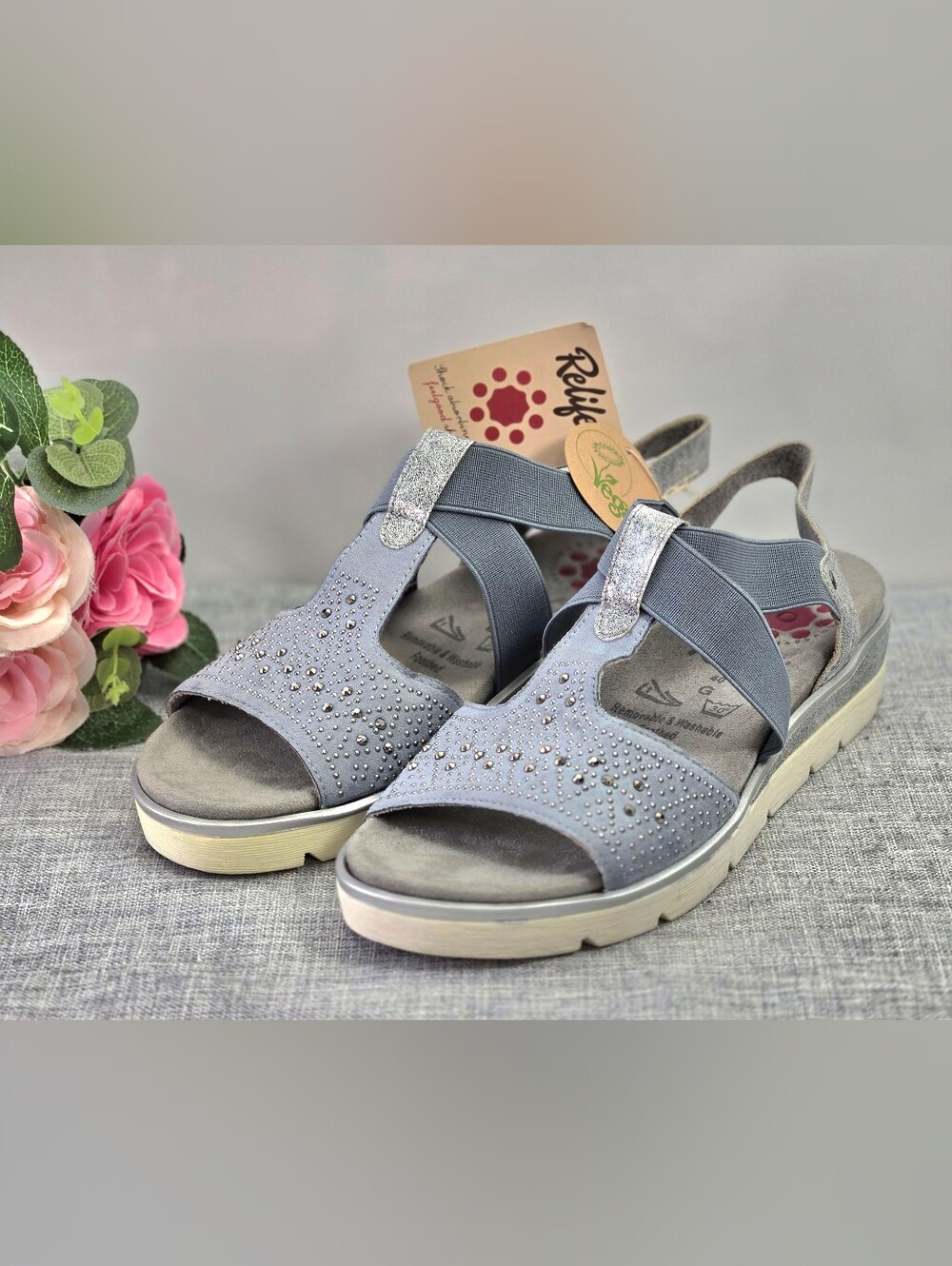 Relife Women's Comfort Sandals Blue Rhinestone Studded Strappy Wedge NWT Sz 9.5